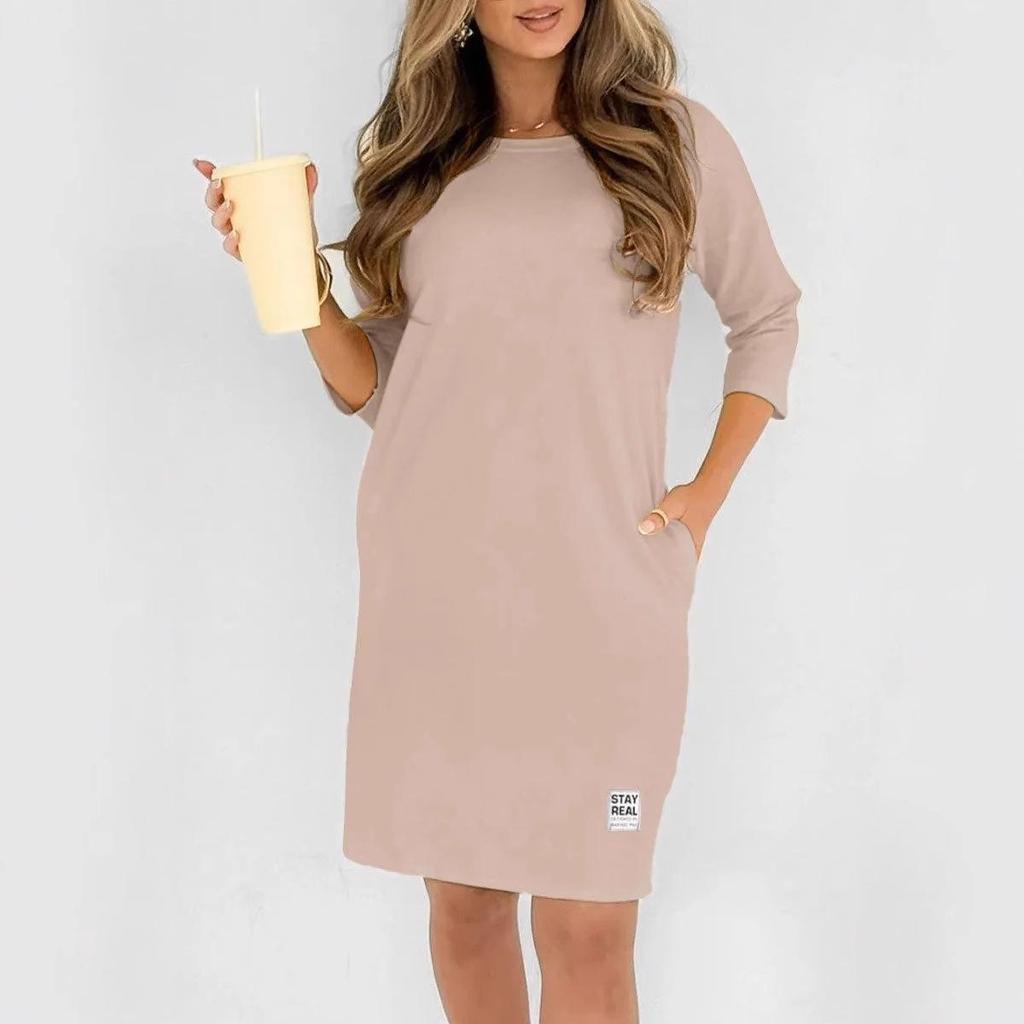 2025 Summer Women's Solid Color Long Sleeve Loose Casual Dress with Round Neck