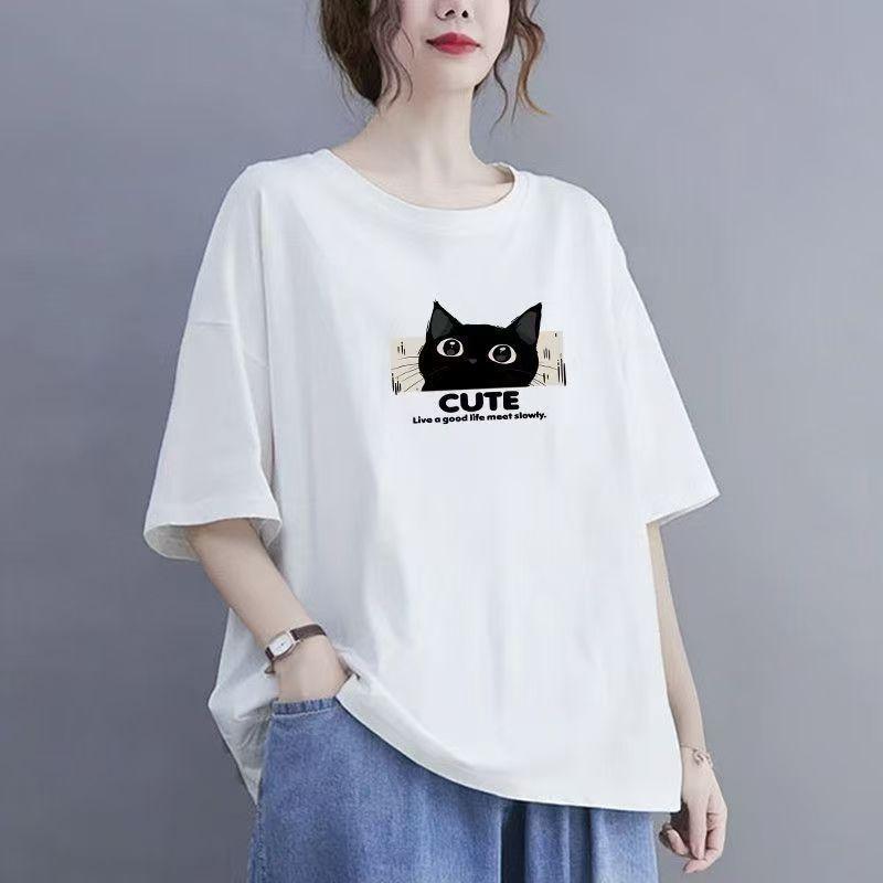 Cotton Short Sleeve T-shirt Women Loose Fashion Medium Sleeve Tops Summer Vintage T-Shirt