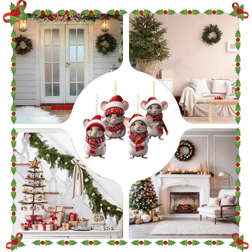 Christmas Mouse Decor Cute 4-Piece 2D Acrylic Christmas Decorations Mouse Holiday Tree Ornaments for Wall Door Window Outdoor