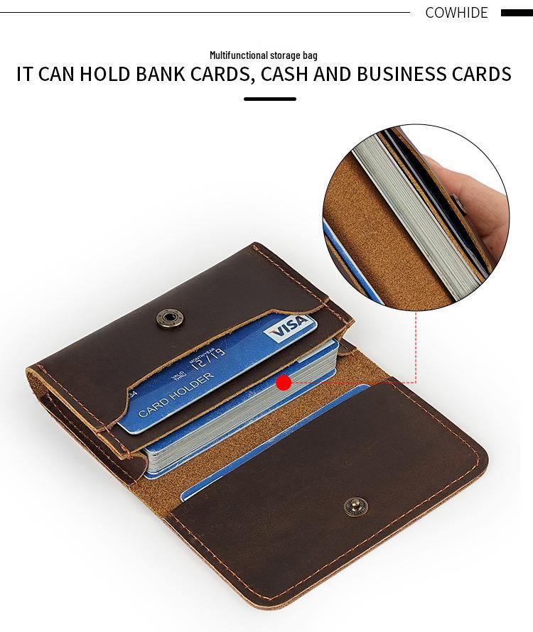 Men's Crazy Horse Leather Card Holder & Wallet - Genuine Dark Buckle, Multi-functional, Bi-fold, First Layer Cowhide