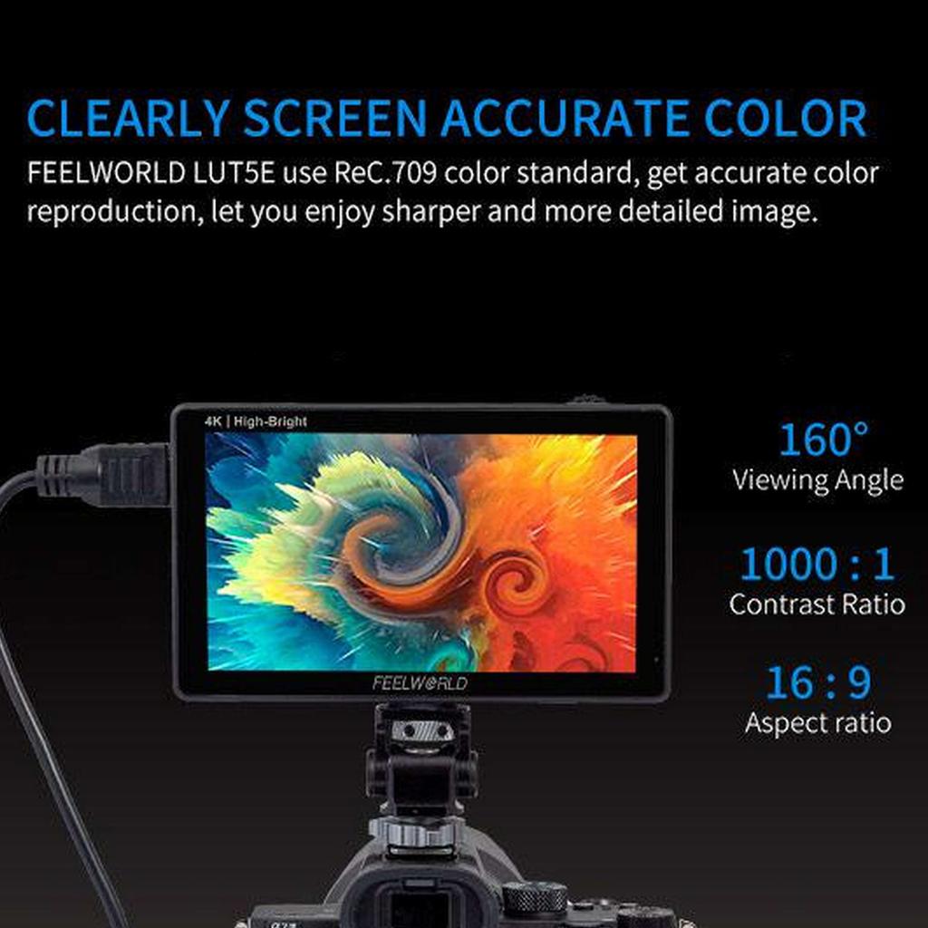 FEELWORLD LUT5E 5.5 Inch High Bright 1600nit Touch Screen DSLR Camera Field Monitor F970 External Power and Install Kit 4K HDMI