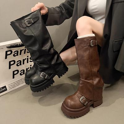 Fashion Winter Punk Style Women Knee High Boots Fashion Belt Buckle Platform Height Increase  Long Booties Zapatos De Mujer