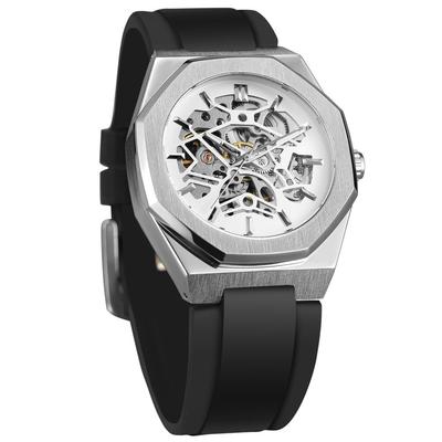 BOLYTE Men's Skeleton Automatic Mechanical Watch Octagonal Case Luminous Hands Black Silicone Band Waterproof Stylish Daily Gift White