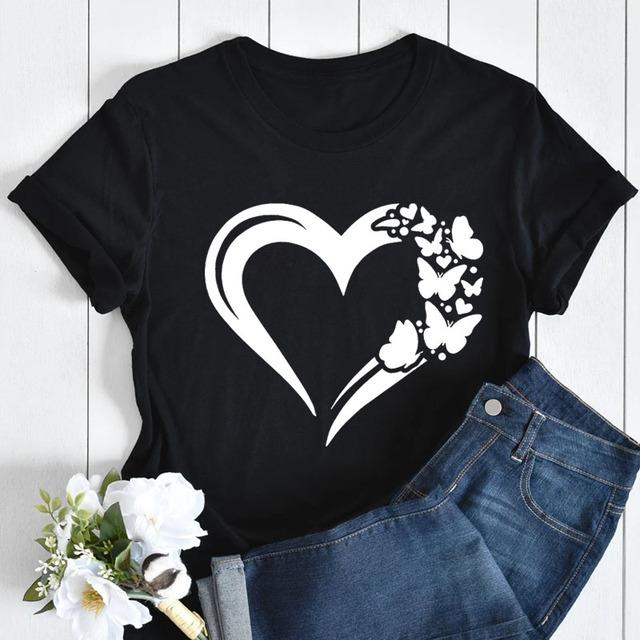 Butterfly Love Heart Print T Shirt Women Fashion Black T Shirt Female Short Sleeve Cute Graphic Tee Shirts Ladies Summer Tops