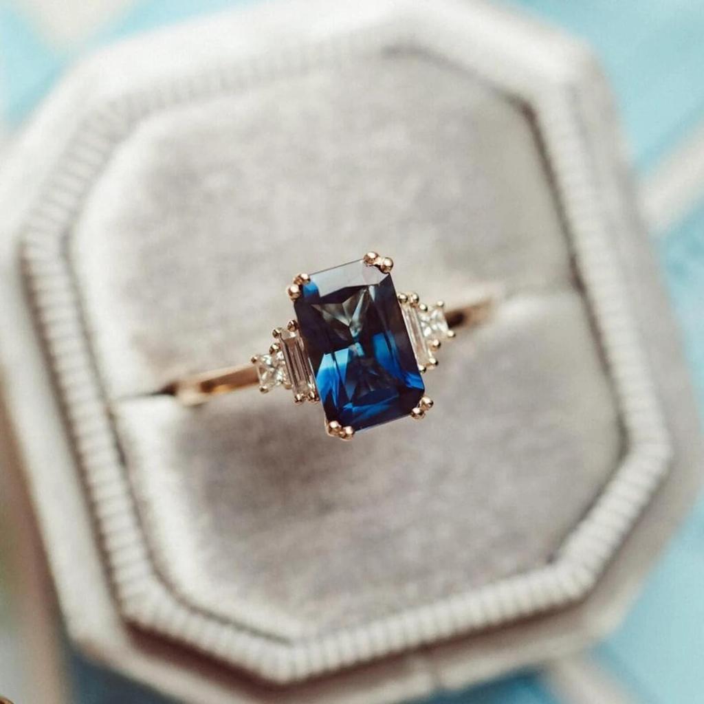Emerald Cut Sapphire Engagement Ring: Baguette CZ Diamond Silver Bridal Ring: 925 Sterling Silver Ring: Art Deco Bridal Wedding Jewelry gift