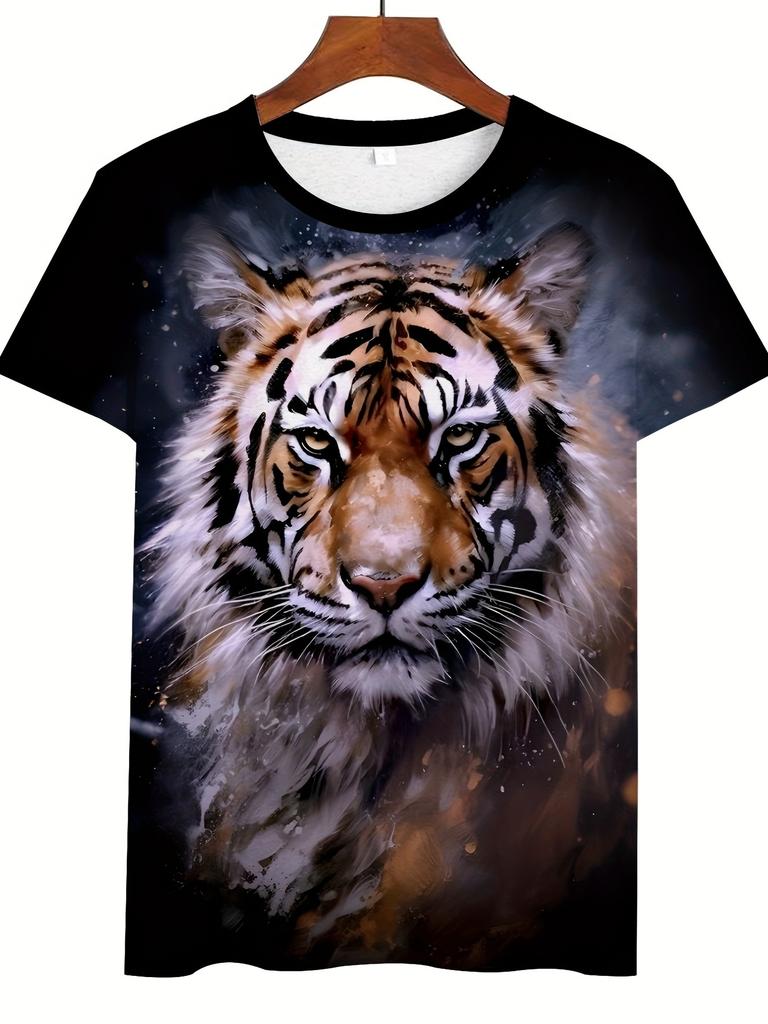Herren 3D Tiger bedrucktes Kurzarm Rundhals T-Shirt Atmungsaktiv Stretch Lässig Mode T-Shirt Outdoor Party Wochenendbekleidung Tops