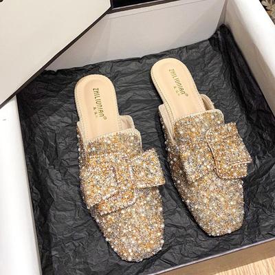 Women Elegant Summer Versatile Flat Sole Square Toe Lady Slippers Bling Rhinestone Half Slippers Female Outside Muller Shoes