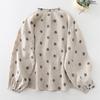 Camicia Top a Maniche Lunghe in Cotone Lino Stile Letterario Ampia Stampa a Pois Vintage Primavera per Donna