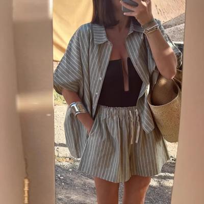 Striped Short Sleeve Shirt and High Waist Drawstring Shorts Set