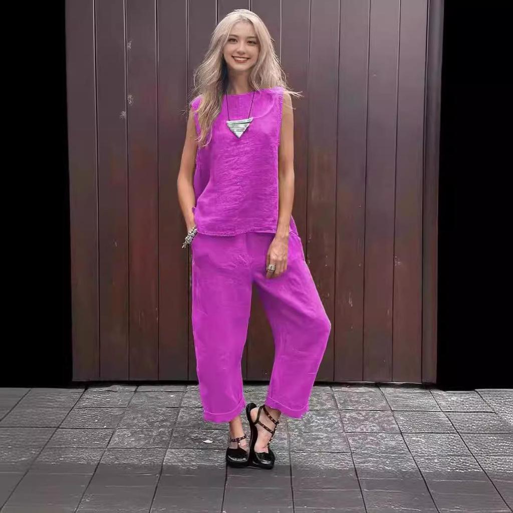 2024 Spring/Summer Cotton Linen Casual Two-Piece Set: Sleeveless Top & Loose Long Pants for Women