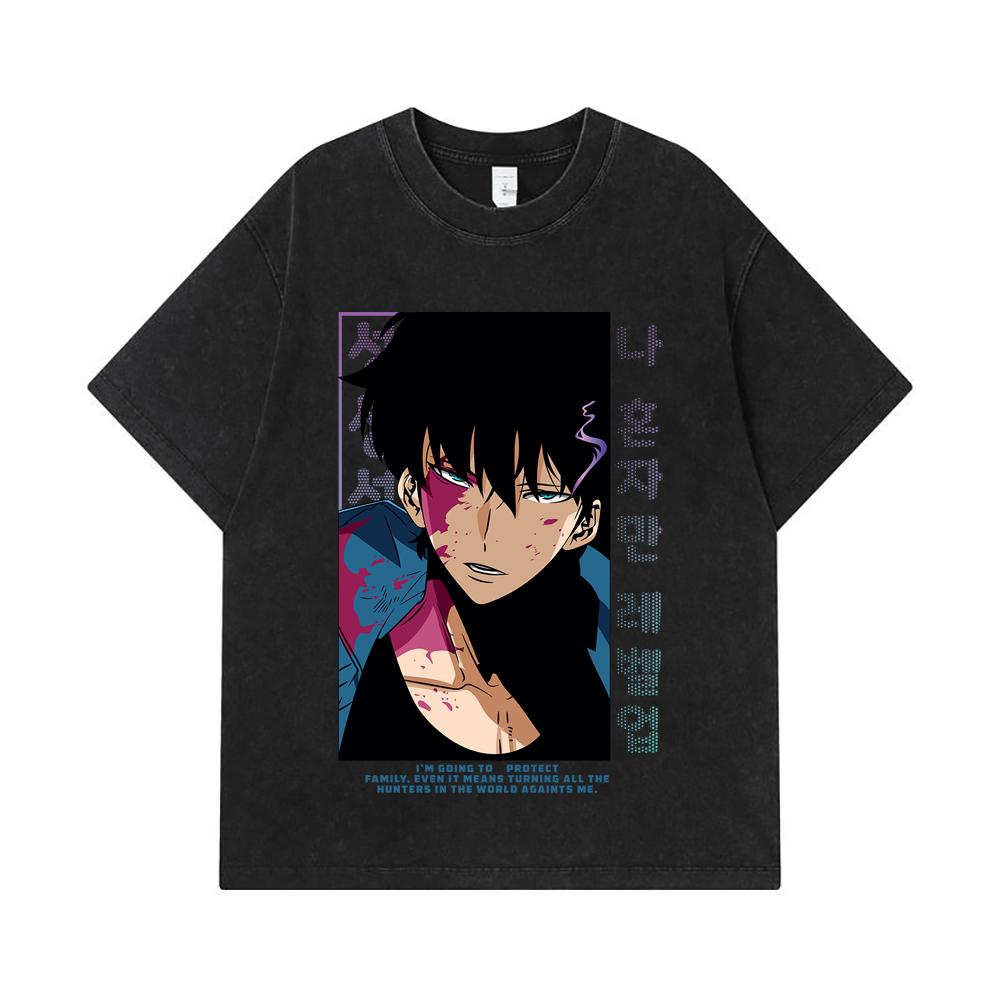 275 GSM Gewassen T-shirts 100% Katoen Solo Leveling V8 Print Unisex Zwaar Katoen T-shirt