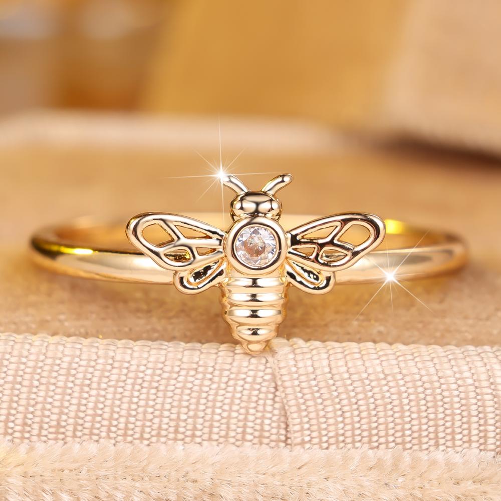 Gold Bee Ring with Sparkling CZ Crystal Cute Insect Animal Fashion Jewelry Delicate Band Gift for Women Girls