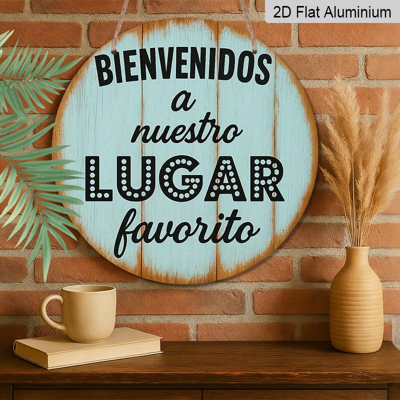 2D Flat, 1pc Suitable for Decorating French Spanish Welcome Aluminum Sign - Vintage Wall Plaque "Welcome to Our Favorite Place" Round 7.87x7.87 Inch