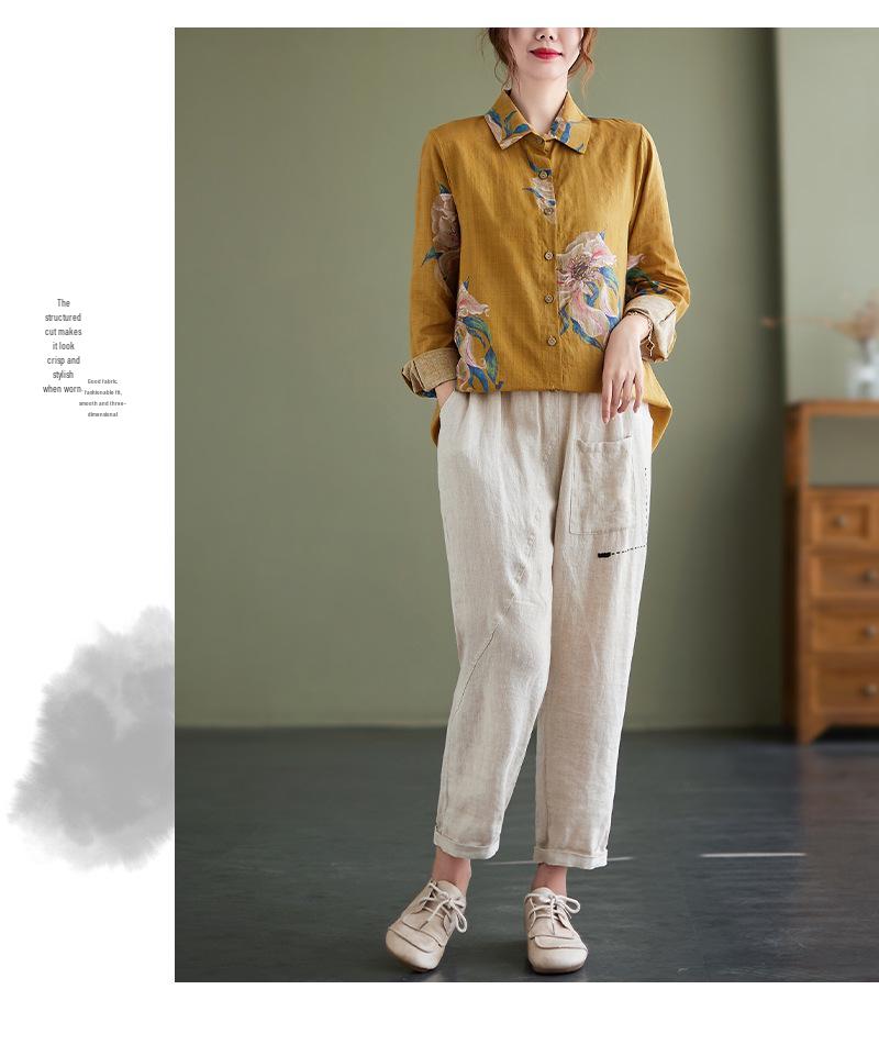 Women's Retro Floral Cotton Linen Shirt - Plus Size, Loose Fit, Long Sleeve, Spring/Autumn
