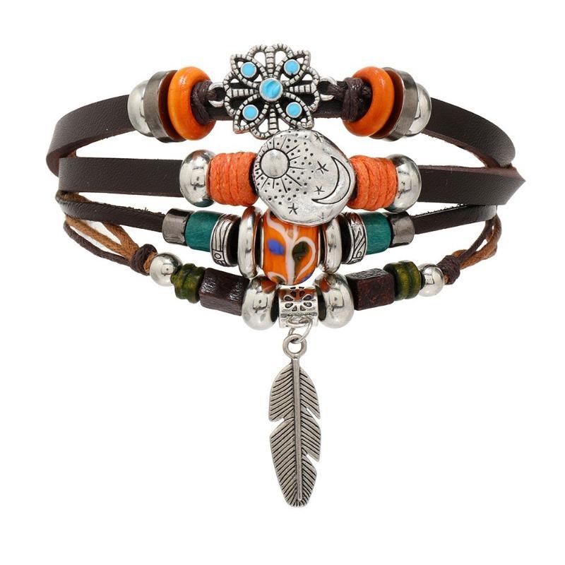 New Retro Multi-bead Feather Turquoise Glazed Wings Leather Bracelet Hot Seller