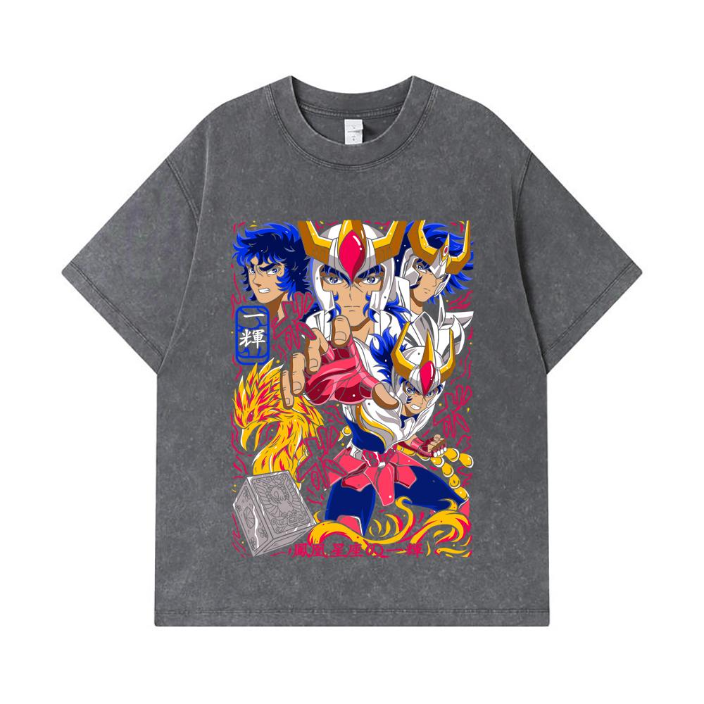 275 GSM Washed T-shirts 100% Cotton Saint Seiya V7 Fenix Print Unisex Heavy Cotton T Shirt