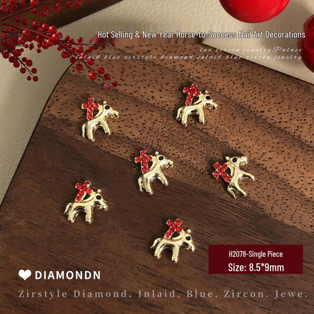 2026 New Year Little Horse Nail Art Decorations - Gold, Silver, and Red Rhinestone Press-on Nail Accessories