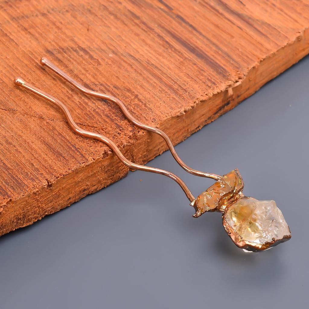 Natural Citrine Rough Ethnic Handmade Jewelry Bun Stick 3.5 Inch / Electroplated Copper Gold Filled Hair Pin Christmas Sale For Mother Wife