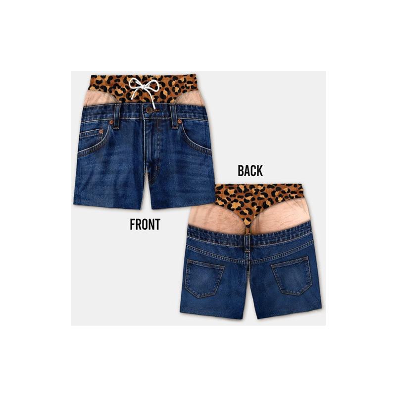 Summer Party Favorite Novelty Men Board Shorts Fake Denim 3D Print Drawstring Shorts For Beach Pool Funny Prank Outfit