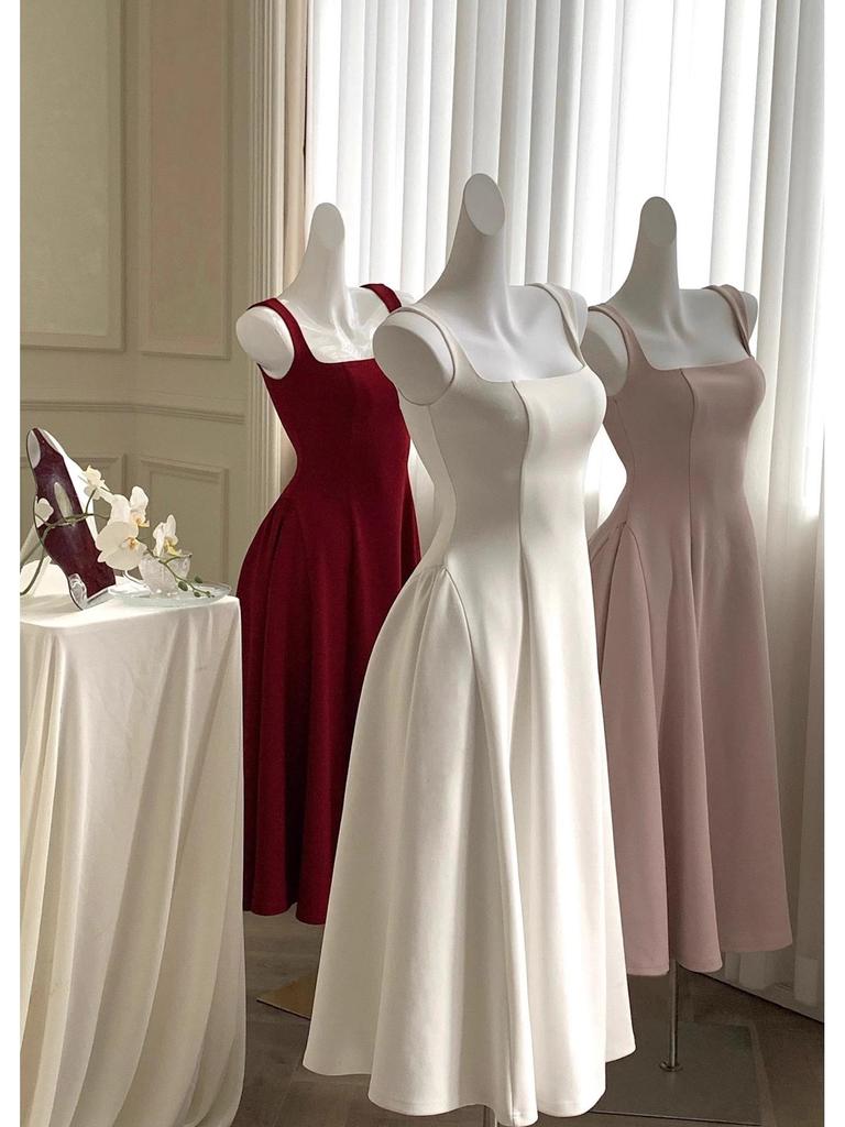 Elegant French Style Acetate Crinkled Strappy Long Dress for Mature Women