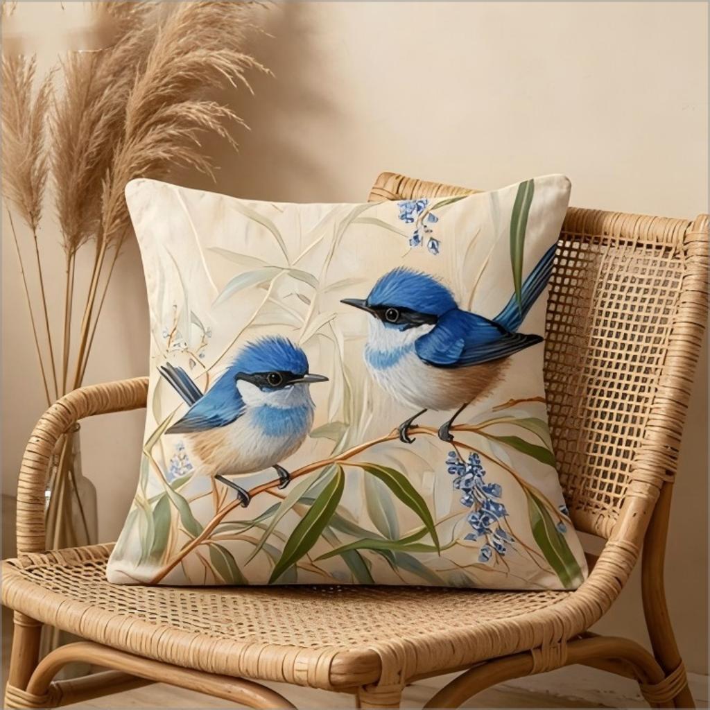 Blue Wren Bird Print Throw Pillow Cover, Vintage Oil Painting Style Decorative Cushion For Living Room Bedroom Sofa Couch