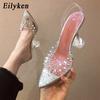 Fashion Eilyken Gold  Silver PVC Transparent Rivet Diamond Pumps Sandals Perspex Heel Pointed Toe Crystal Wedding Shoes