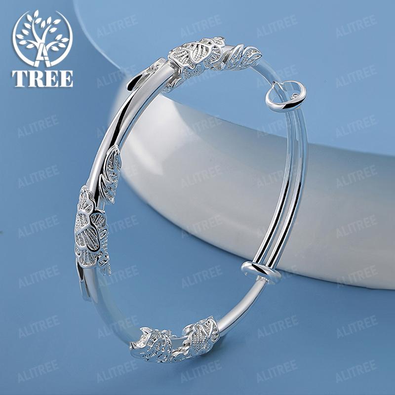 Women's 925 Sterling Silver Adjustable Open Round Bangle Fine Jewelry Birthday Wedding Party Christmas Gift Accessories
