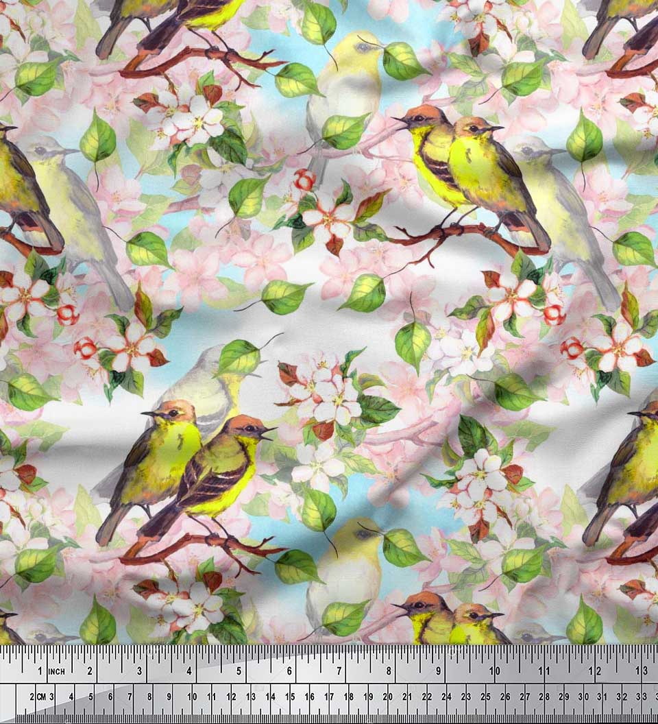 

Тканина Soimoi Japan Crepe Satin Leaves, Blossom & Robin Bird Print Тканина на метри 42 дюйма 42 Inch Wide - Poly Crepe білий
