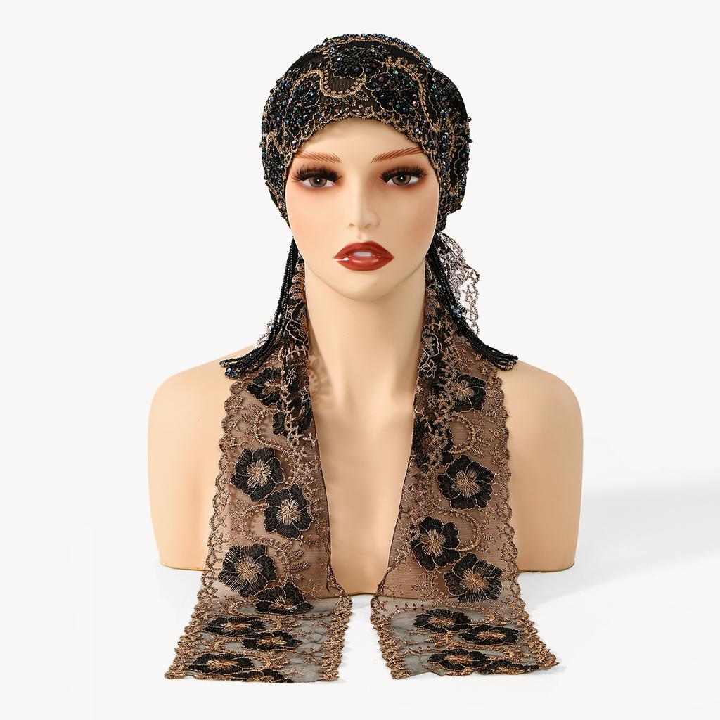 Ribbon Bead Embroidered Lace Hat Caps Woman Muslim Hijabs Dubai Ribbon Style Bonnet Gorgeous Party Style Turban Femme Ramadan