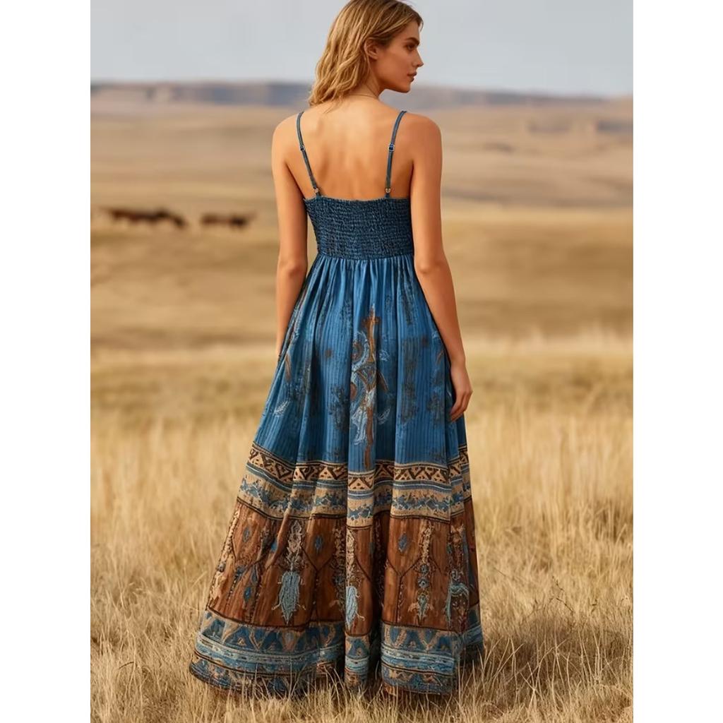 New Boho Dress for Women, Summer Sexy V Neck Printed Fashion Casual Dress, European American Style