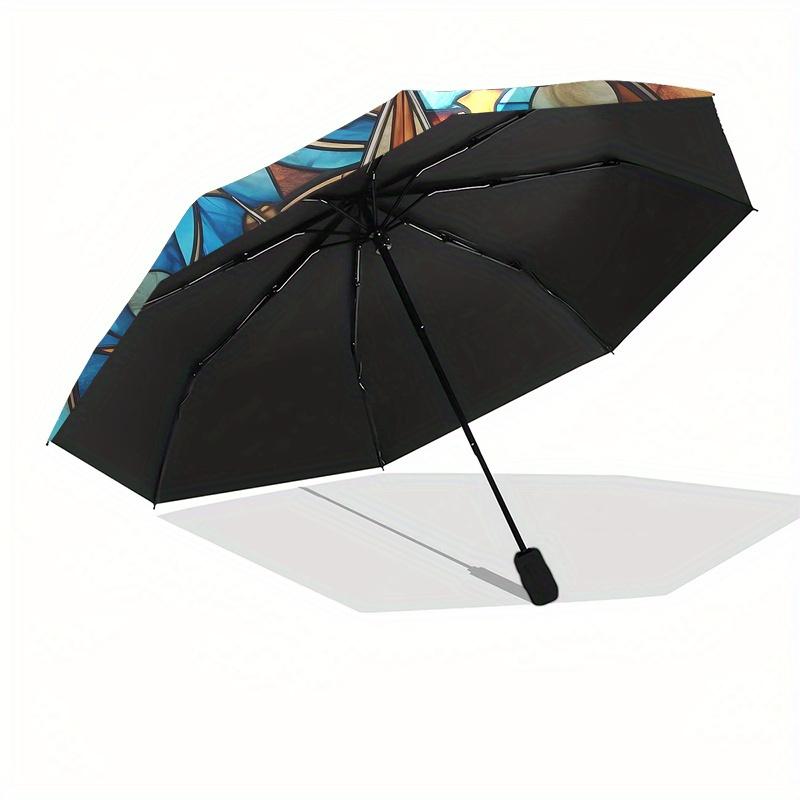 Stained Glass Compass Rose Window Panel, Celestial Design for Home Decor Umbrella, Cute Umbrella with Cute Design, Portable 3-Fold Compact Umbrella fo