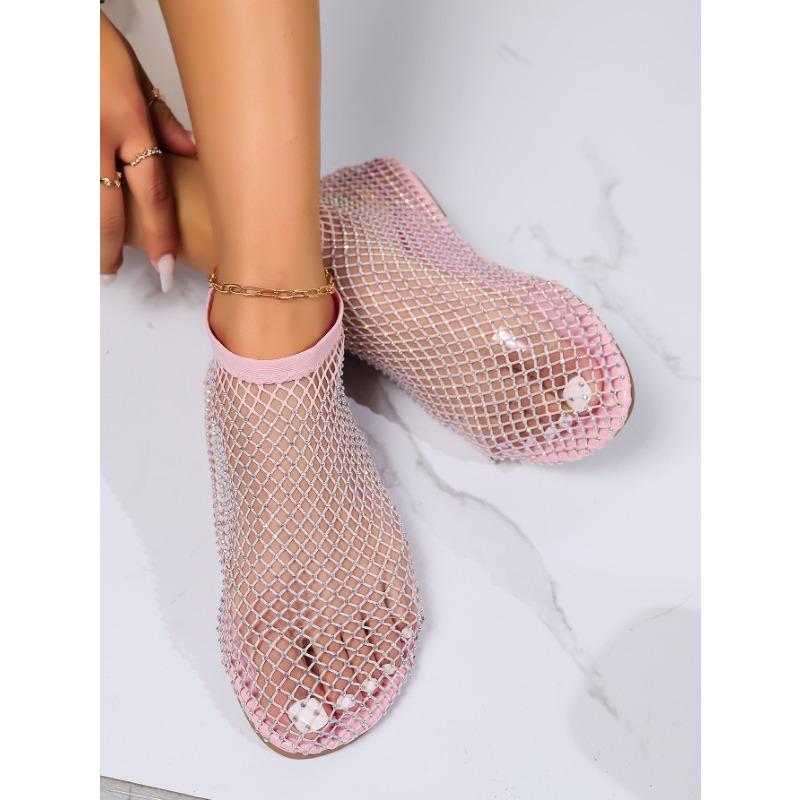 

Spring and summer new sandals with diamonds short boots sexy large size flat bottom hollow round head beach cool 43 розовый