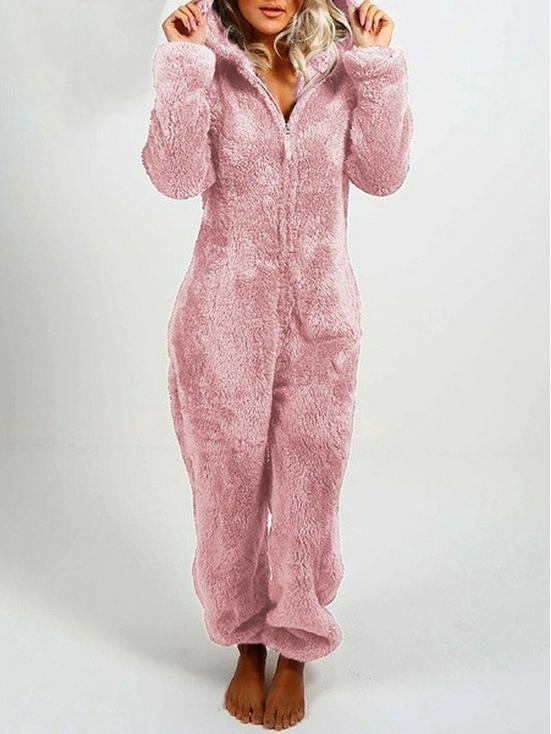 2025 European & American Autumn/Winter Women's Fleece-Lined Fur Jumpsuit Pajamas, Hooded, Available in 17 Colors