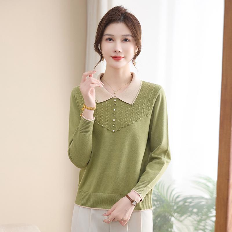 

Mom s Autumn Wool Sweater: Beaded Lapel, Stylish Loose Fit for Middle-Aged and Elderly Women, Plus Size Base Layer Top XXL (for 130-145 lbs) зелёный