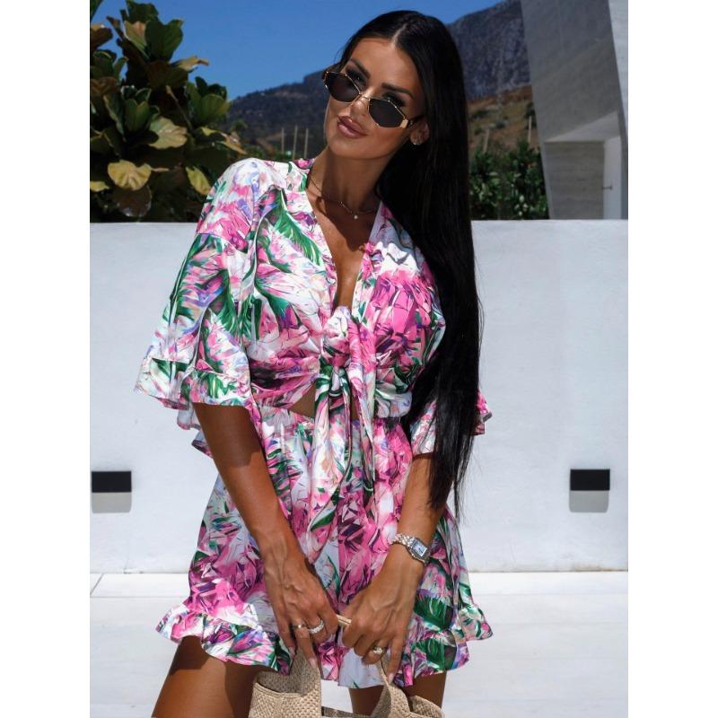 Summer Holiday Casual V-neck Printed Short Sleeve Jumpsuit Women Wide Legs