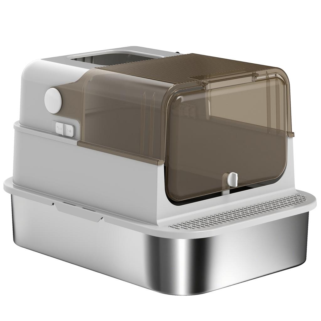 XXL Stainless Steel Cat Litter Tray, Enclosed Cat Litter Box with 90 degrees Flip Cover, Double Doors, Scoop, Easy Clean, Grey