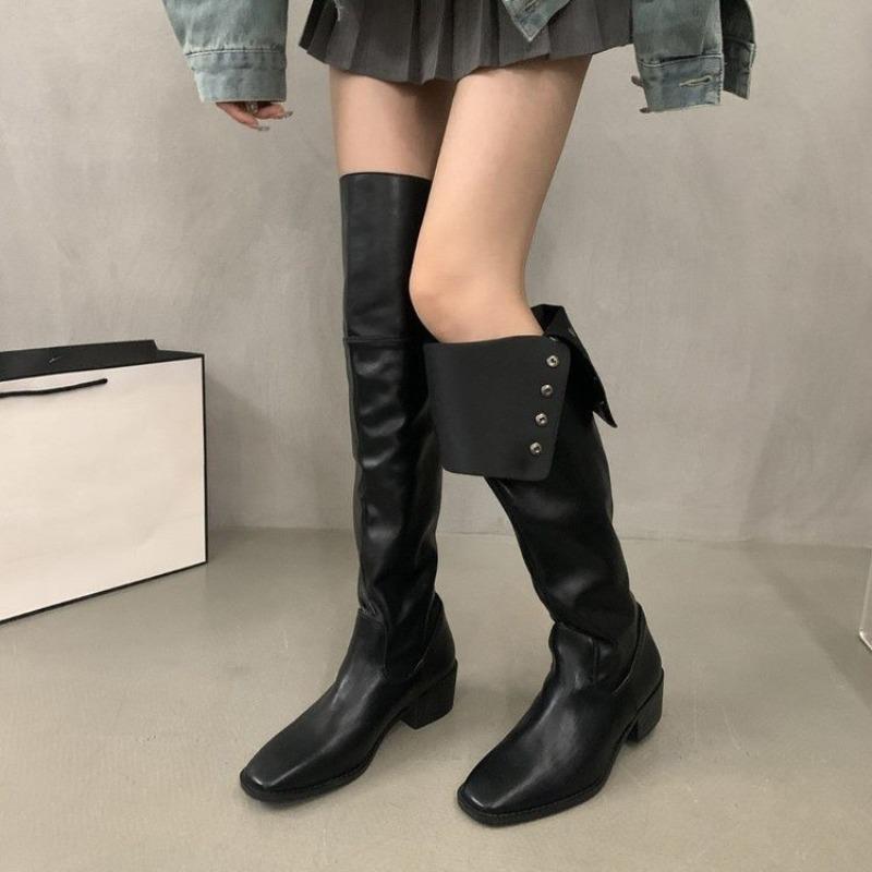 Fashion New Style Women's Thick Heel Women Western Cowboy Boots Fashion Slip On Folded Pile Long Booties Female Shoes Autumn Winter