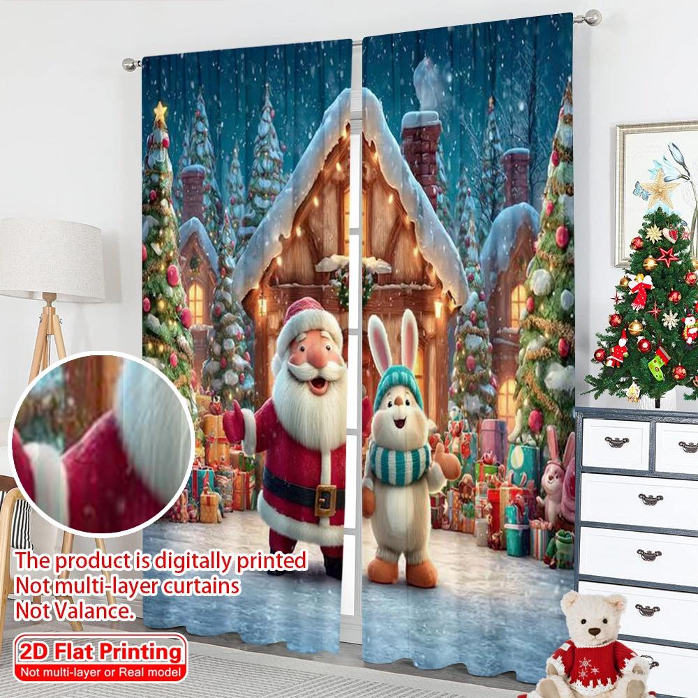 2pcs 2D flat printing Christmas Curtains Father Christmas1 Versatile Polyester Fabric Without Electricity Holiday Decorations
