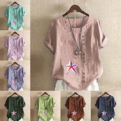 Women's Fashion Round Neck Short Sleeve T-shirt Casual Cotton Linen Graphic Shirt Leisure Loose Starfish Prined Summer Blouse Tops
