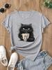 Cute Coffee Drinking Cat Women T Shirt Summer Fashion Short Sleeved T-shirt Tee Tops O-neck Casual Tshirt Women's Clothing
