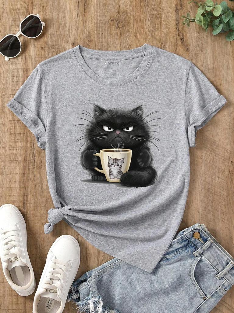 Cute Coffee Drinking Cat Women T Shirt Summer Fashion Short Sleeved T-shirt Tee Tops O-neck Casual Tshirt Women's Clothing
