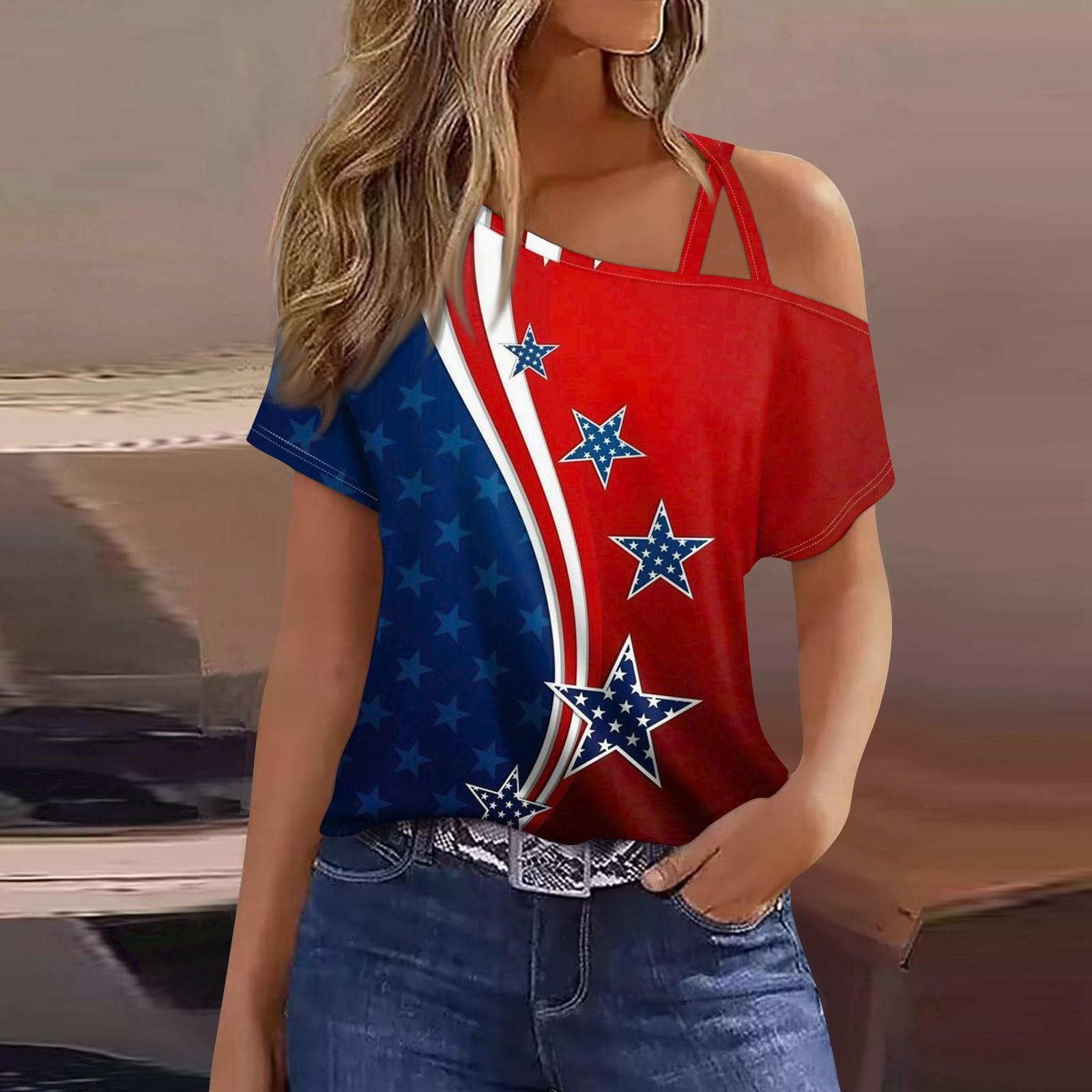 

Женская мода, повседневная футболка с принтом на День независимости, сексуальная футболка с короткими рукавами и открытыми плечами, топ XL красный