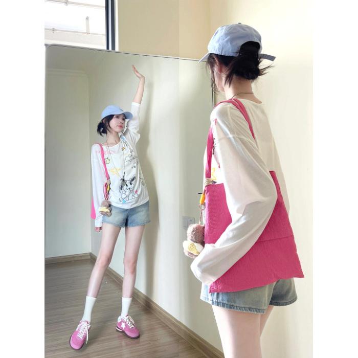 Painted fun print slanted shoulder women s spring summer thin loose long-sleeved t-shirt top tide S