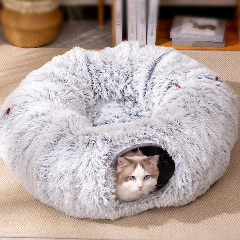 Soft Plush Foldable Cats Bed Tunnel with Space Saving Providing Warmth and Entertainment for Cats Indoor or Outdoors