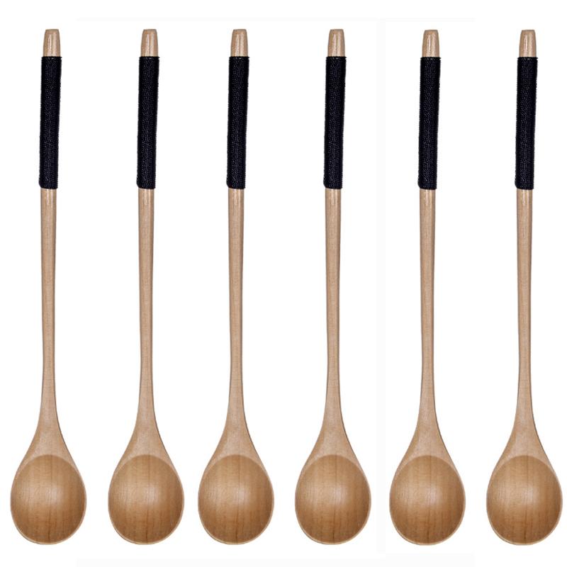 6Pcs Wooden Spoon Set Tea Spoons Small Dessert Spoon Coffee Stirrer Wood Teaspoon Long Handle Stirring Mixing Spoon for Honey