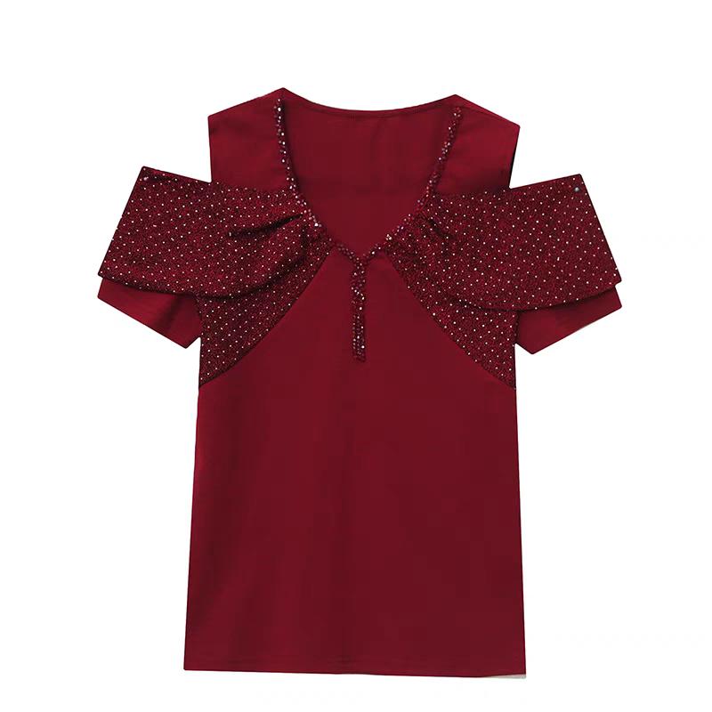 Summer Sexy Off Shoulder Beading T-shirt Women's Short Sleeves Tassels Design Tees New Cotton Female Tops