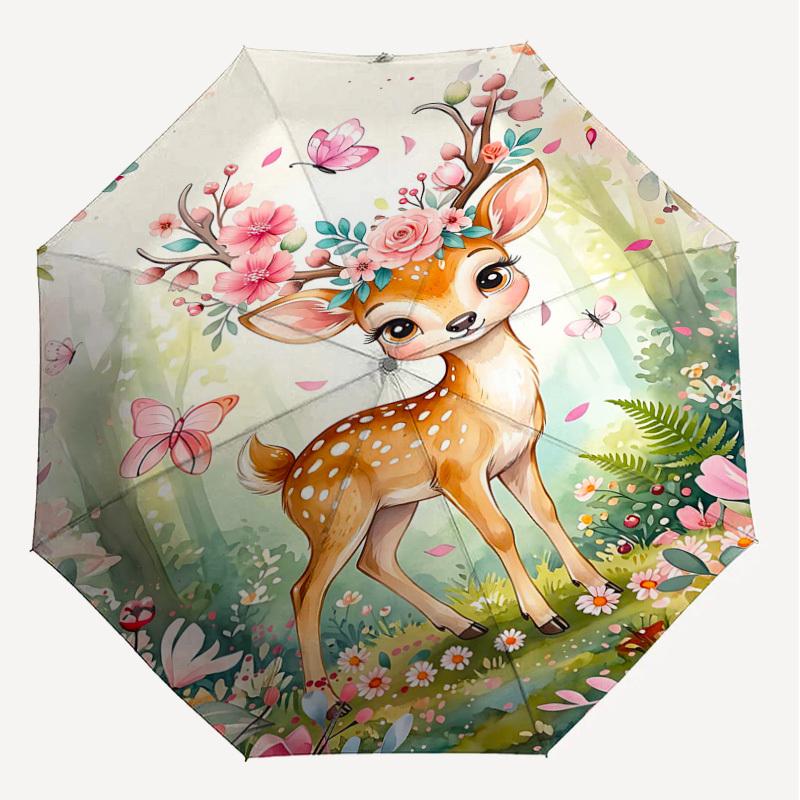 1PC Deer Flowers Umbrella-8-Rib Reinforced, Automatic Open, Lightweight & Durable, Fashion Accessory for Outdoor, H0355