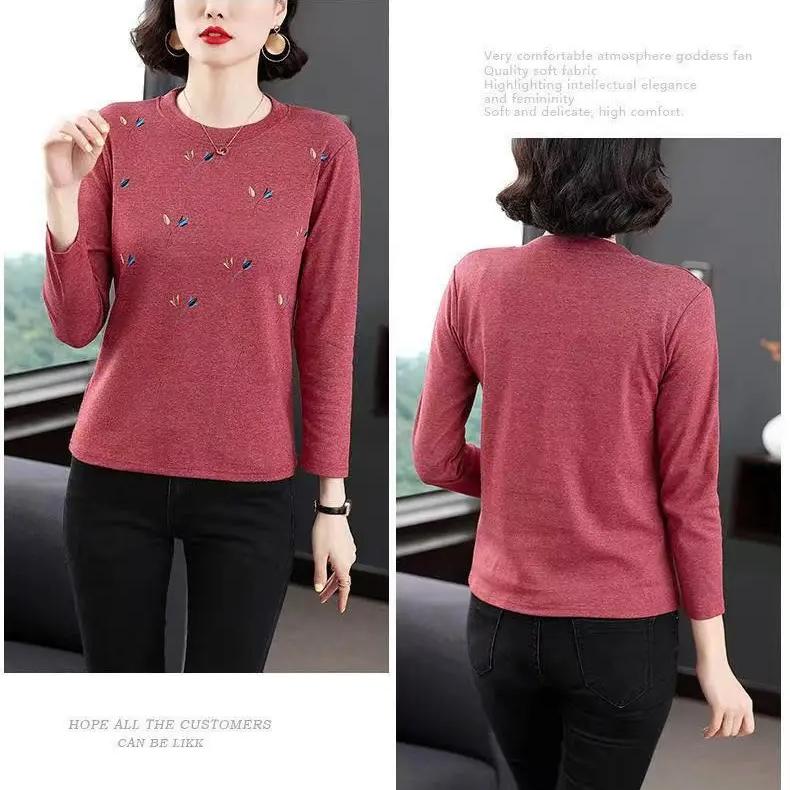 New Women's Spring Autumn Long Sleeves Bottoming Shirt Round Neck Loose Mom Tshirt Fashion New Solid Color Top M-5XL