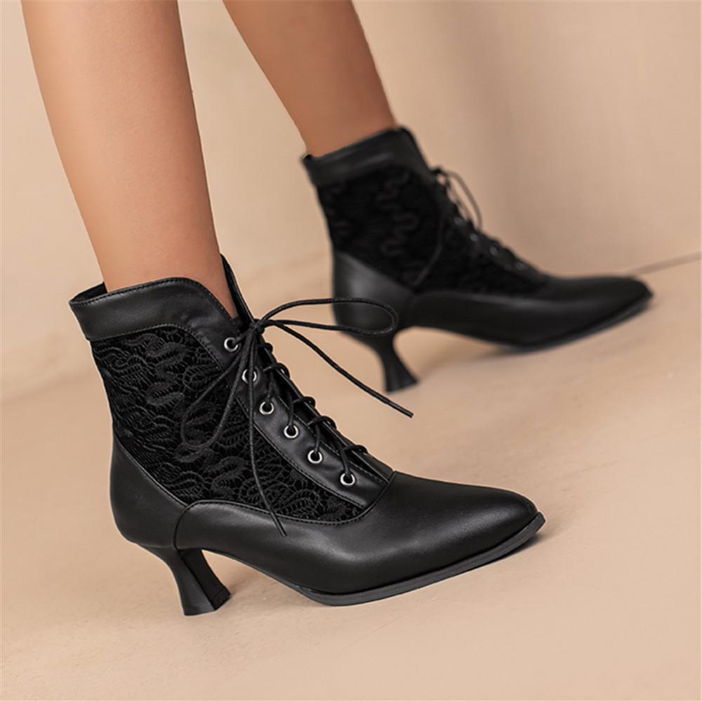 Fashion Women Victorian Pointed Toe Ankle Boots Leather Lace Hollow Out Punk Lace Up Strange Steampunk High Heel Shoes Plus Size 32-46