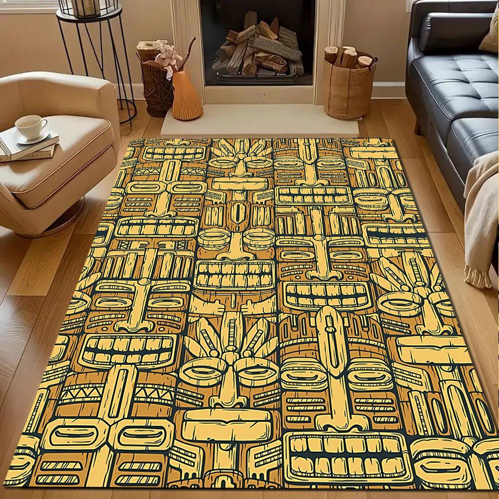Tribal Tiki Mask Pattern Patterned carpet, non slip mat suitable for living room and bedroom sofas